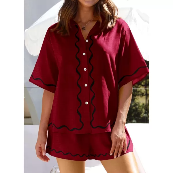 imagePRETTYGARDEN Womens Casual 2 Piece Outfits Summer Button Down Shirts Tops and Lounge Shorts Pajama SetsWine Red