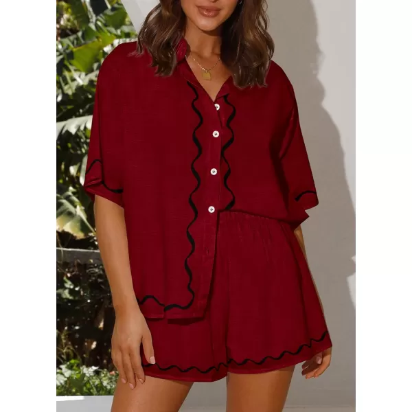 imagePRETTYGARDEN Womens Casual 2 Piece Outfits Summer Button Down Shirts Tops and Lounge Shorts Pajama SetsWine Red