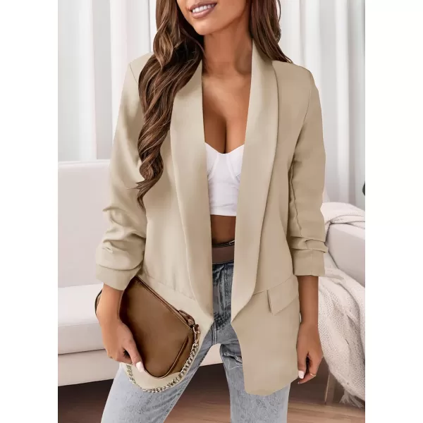 imagePRETTYGARDEN Womens Casual Blazer 2023 Fall Fashion Long Sleeve Open Front Work Office Suit JacketsBeige White