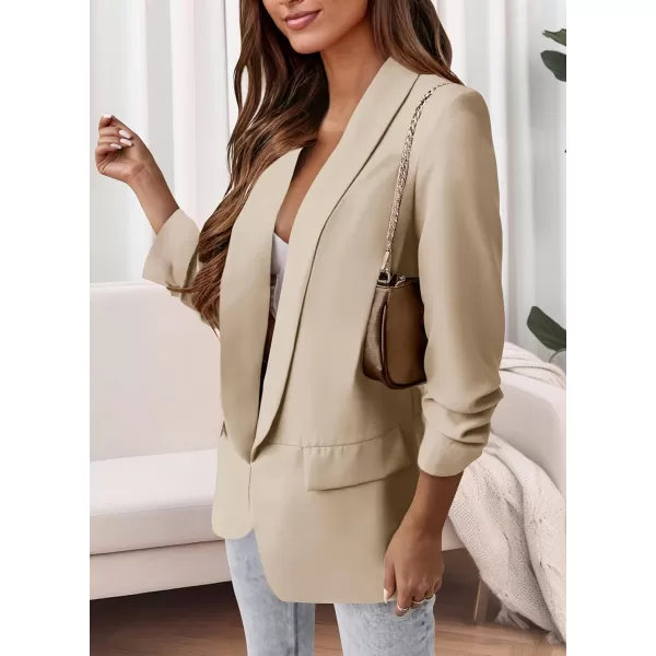 imagePRETTYGARDEN Womens Casual Blazer 2023 Fall Fashion Long Sleeve Open Front Work Office Suit JacketsBeige White