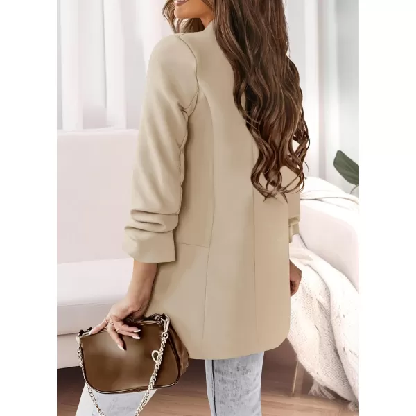 imagePRETTYGARDEN Womens Casual Blazer 2023 Fall Fashion Long Sleeve Open Front Work Office Suit JacketsBeige White