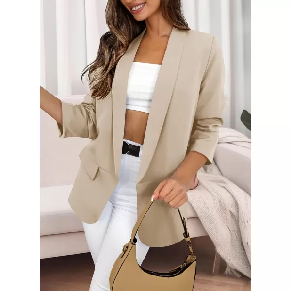 imagePRETTYGARDEN Womens Casual Blazer 2023 Fall Fashion Long Sleeve Open Front Work Office Suit JacketsBeige White