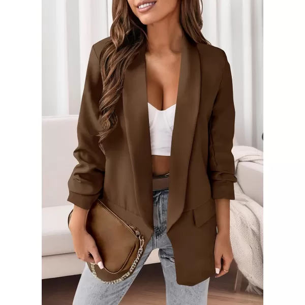imagePRETTYGARDEN Womens Casual Blazer 2023 Fall Fashion Long Sleeve Open Front Work Office Suit JacketsCoffee