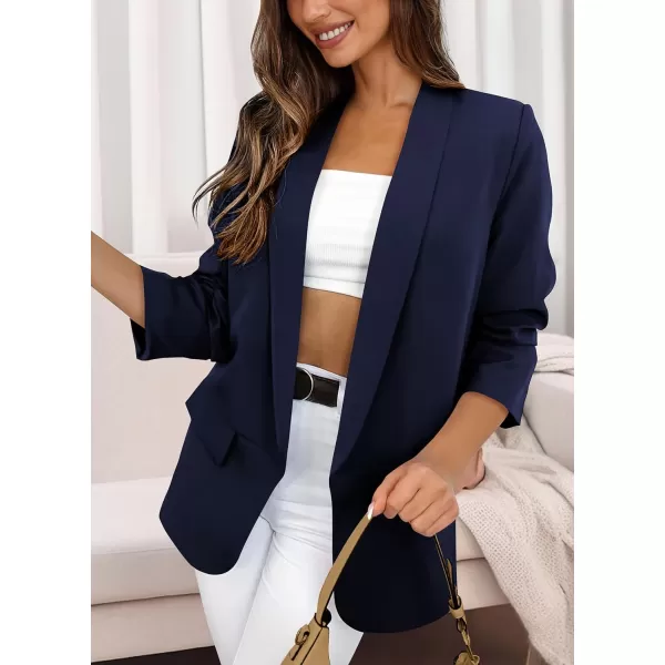 imagePRETTYGARDEN Womens Casual Blazer 2023 Fall Fashion Long Sleeve Open Front Work Office Suit JacketsDark Blue