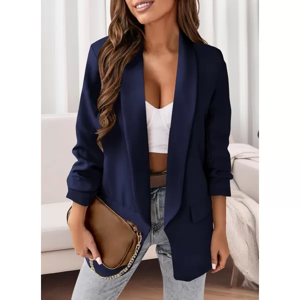 imagePRETTYGARDEN Womens Casual Blazer 2023 Fall Fashion Long Sleeve Open Front Work Office Suit JacketsDark Blue