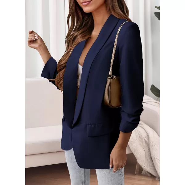 imagePRETTYGARDEN Womens Casual Blazer 2023 Fall Fashion Long Sleeve Open Front Work Office Suit JacketsDark Blue