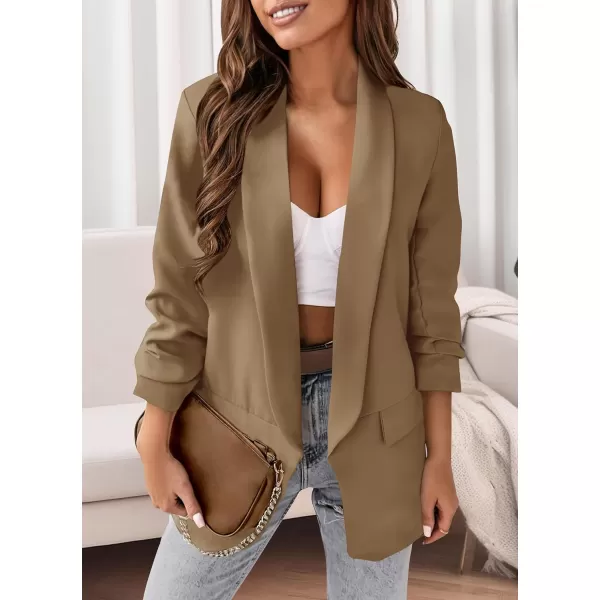 imagePRETTYGARDEN Womens Casual Blazer 2023 Fall Fashion Long Sleeve Open Front Work Office Suit JacketsKhaki