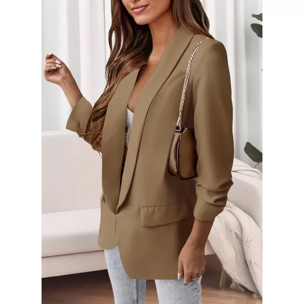imagePRETTYGARDEN Womens Casual Blazer 2023 Fall Fashion Long Sleeve Open Front Work Office Suit JacketsKhaki