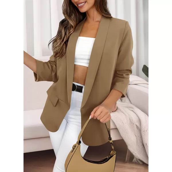 imagePRETTYGARDEN Womens Casual Blazer 2023 Fall Fashion Long Sleeve Open Front Work Office Suit JacketsKhaki