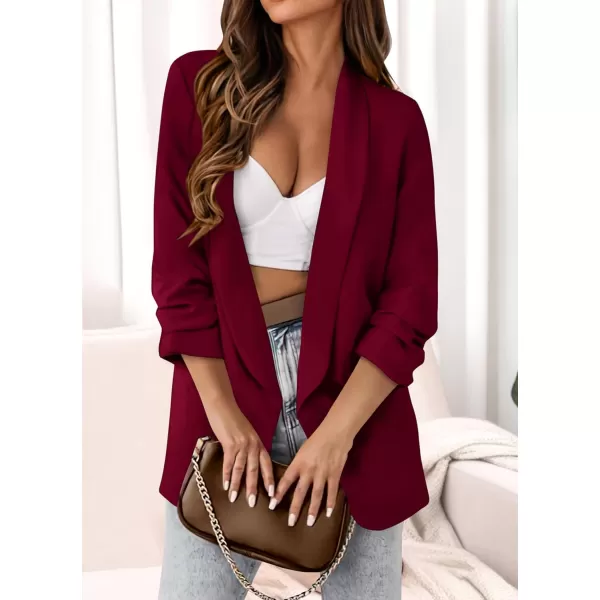 imagePRETTYGARDEN Womens Casual Blazer 2023 Fall Fashion Long Sleeve Open Front Work Office Suit JacketsWine Red