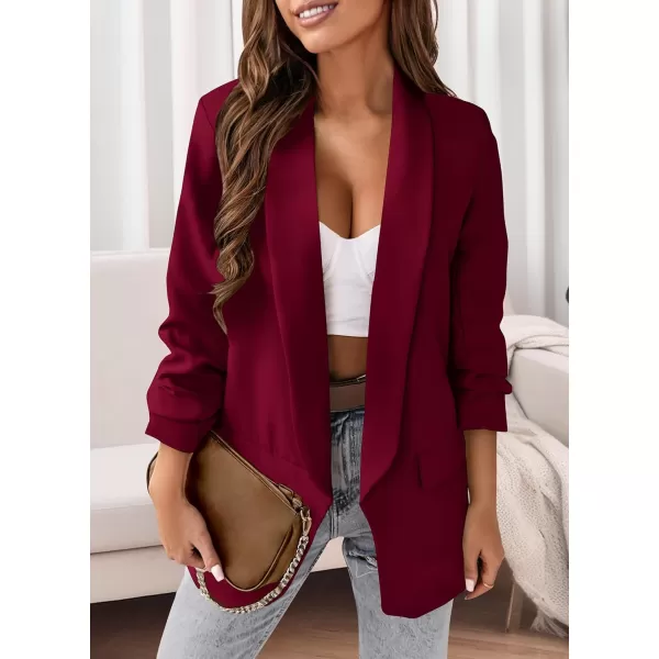 imagePRETTYGARDEN Womens Casual Blazer 2023 Fall Fashion Long Sleeve Open Front Work Office Suit JacketsWine Red