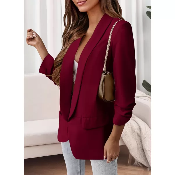 imagePRETTYGARDEN Womens Casual Blazer 2023 Fall Fashion Long Sleeve Open Front Work Office Suit JacketsWine Red