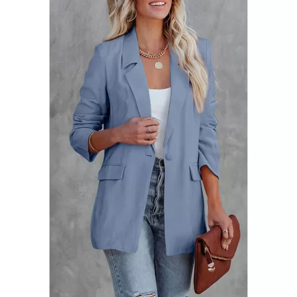 imagePRETTYGARDEN Womens Casual Blazers Long Sleeve Open Front Button Work Office Blazer Jackets with PocketsBlue