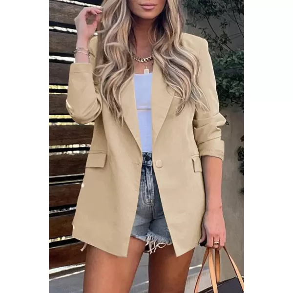imagePRETTYGARDEN Womens Casual Blazers Long Sleeve Open Front Button Work Office Blazer Jackets with PocketsDark Khaki
