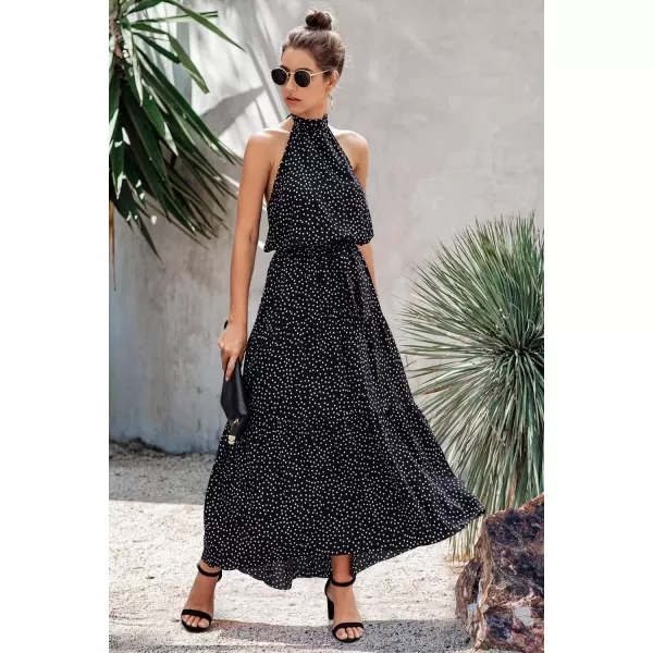 imagePRETTYGARDEN Womens Casual Halter Neck Sleeveless Floral Long Maxi Dress Backless Loose Ruffle Sundress with BeltBlack