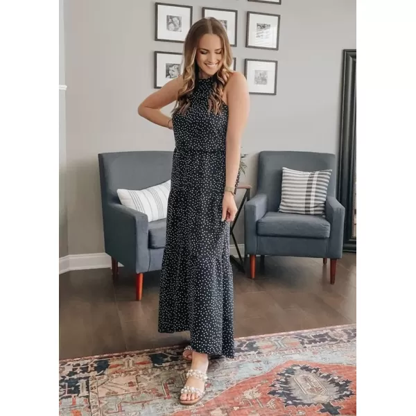 imagePRETTYGARDEN Womens Casual Halter Neck Sleeveless Floral Long Maxi Dress Backless Loose Ruffle Sundress with BeltBlack