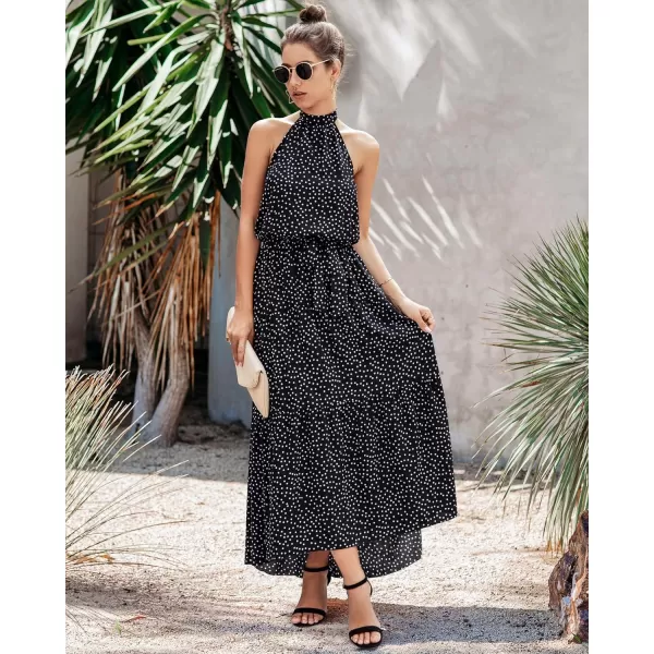 imagePRETTYGARDEN Womens Casual Halter Neck Sleeveless Floral Long Maxi Dress Backless Loose Ruffle Sundress with BeltBlack