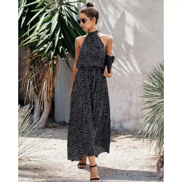 imagePRETTYGARDEN Womens Casual Halter Neck Sleeveless Floral Long Maxi Dress Backless Loose Ruffle Sundress with BeltBlack