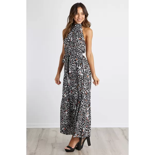 imagePRETTYGARDEN Womens Casual Halter Neck Sleeveless Floral Long Maxi Dress Backless Loose Ruffle Sundress with BeltBlack Leopard