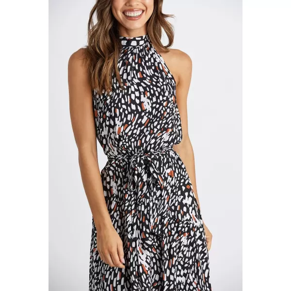 imagePRETTYGARDEN Womens Casual Halter Neck Sleeveless Floral Long Maxi Dress Backless Loose Ruffle Sundress with BeltBlack Leopard