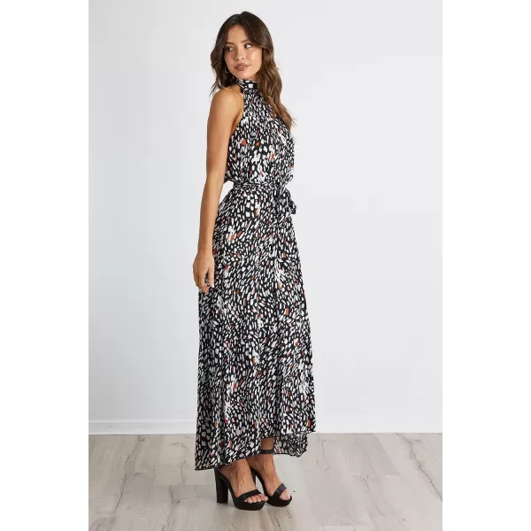 imagePRETTYGARDEN Womens Casual Halter Neck Sleeveless Floral Long Maxi Dress Backless Loose Ruffle Sundress with BeltBlack Leopard