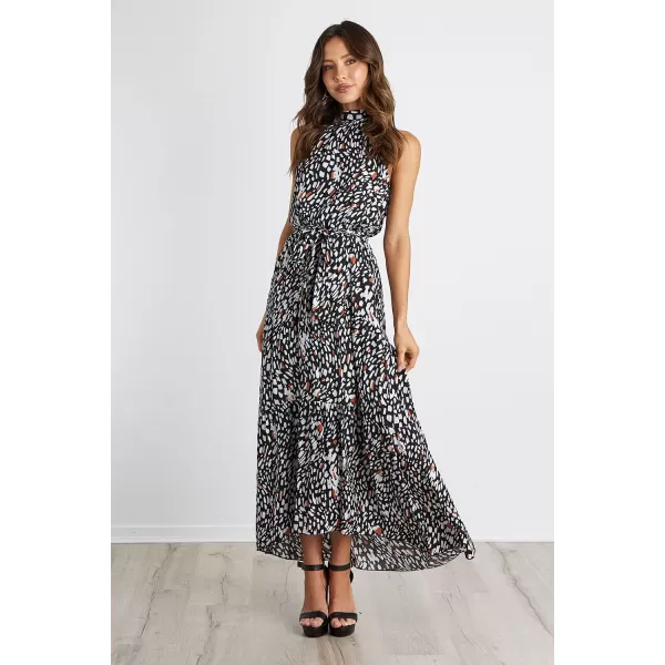 imagePRETTYGARDEN Womens Casual Halter Neck Sleeveless Floral Long Maxi Dress Backless Loose Ruffle Sundress with BeltBlack Leopard
