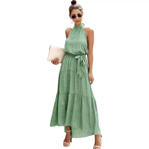 imagePRETTYGARDEN Womens Casual Halter Neck Sleeveless Floral Long Maxi Dress Backless Loose Ruffle Sundress with BeltGreen