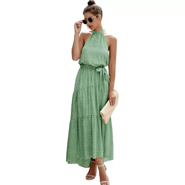 imagePRETTYGARDEN Womens Casual Halter Neck Sleeveless Floral Long Maxi Dress Backless Loose Ruffle Sundress with BeltGreen