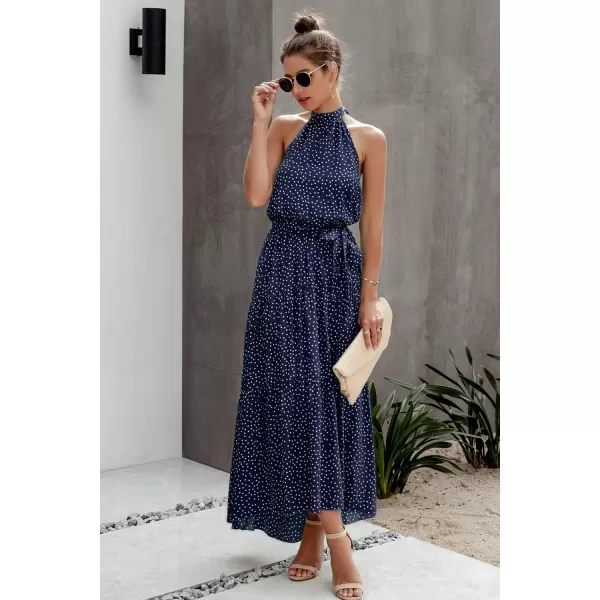 imagePRETTYGARDEN Womens Casual Halter Neck Sleeveless Floral Long Maxi Dress Backless Loose Ruffle Sundress with BeltNavy