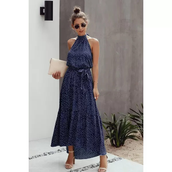 imagePRETTYGARDEN Womens Casual Halter Neck Sleeveless Floral Long Maxi Dress Backless Loose Ruffle Sundress with BeltNavy