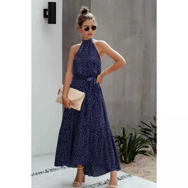 imagePRETTYGARDEN Womens Casual Halter Neck Sleeveless Floral Long Maxi Dress Backless Loose Ruffle Sundress with BeltNavy