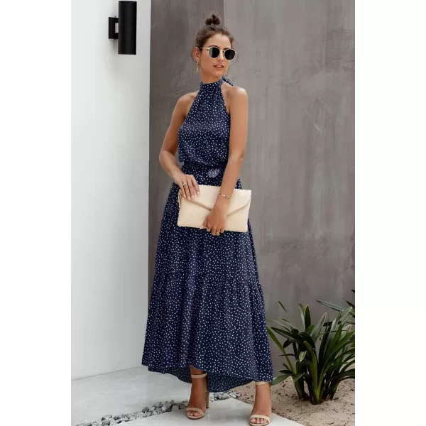 imagePRETTYGARDEN Womens Casual Halter Neck Sleeveless Floral Long Maxi Dress Backless Loose Ruffle Sundress with BeltNavy