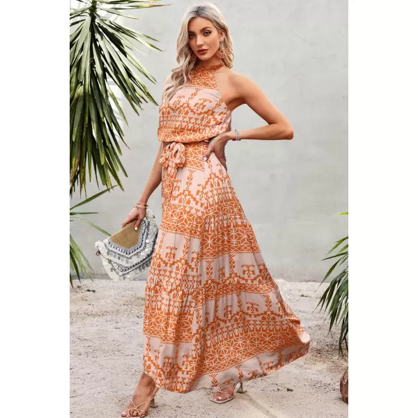 imagePRETTYGARDEN Womens Casual Halter Neck Sleeveless Floral Long Maxi Dress Backless Loose Ruffle Sundress with BeltOrange