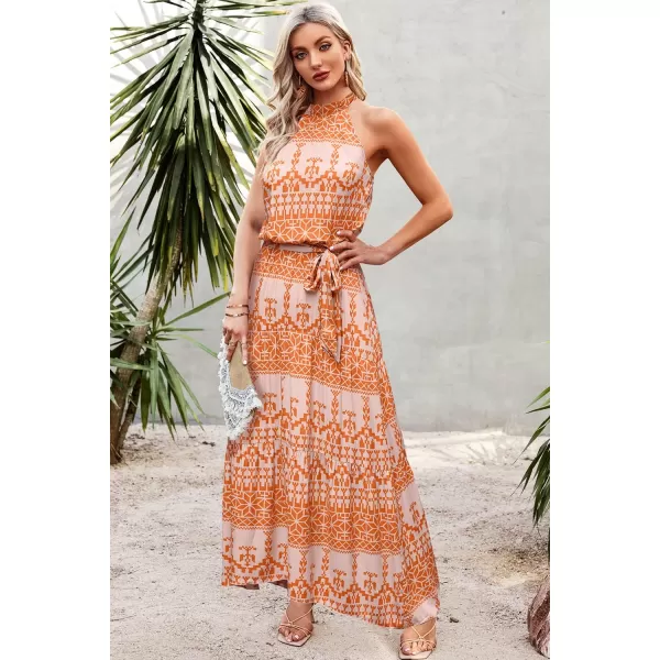 imagePRETTYGARDEN Womens Casual Halter Neck Sleeveless Floral Long Maxi Dress Backless Loose Ruffle Sundress with BeltOrange