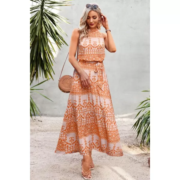 imagePRETTYGARDEN Womens Casual Halter Neck Sleeveless Floral Long Maxi Dress Backless Loose Ruffle Sundress with BeltOrange