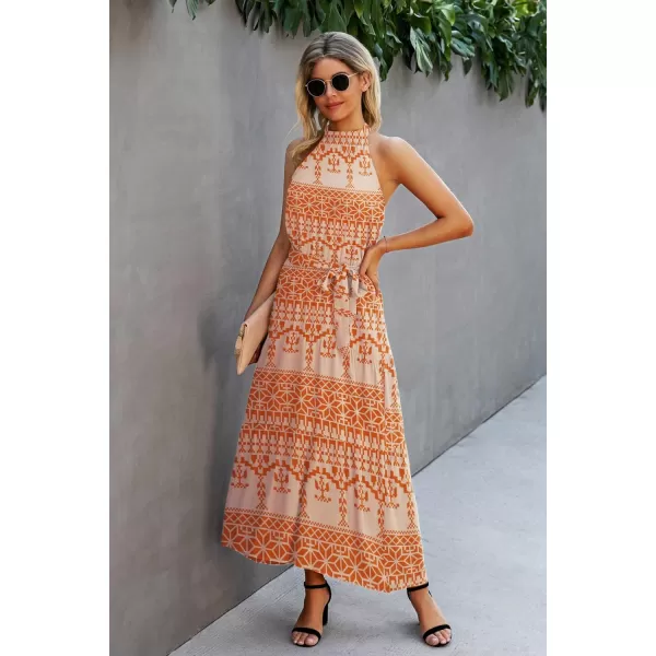 imagePRETTYGARDEN Womens Casual Halter Neck Sleeveless Floral Long Maxi Dress Backless Loose Ruffle Sundress with BeltOrange