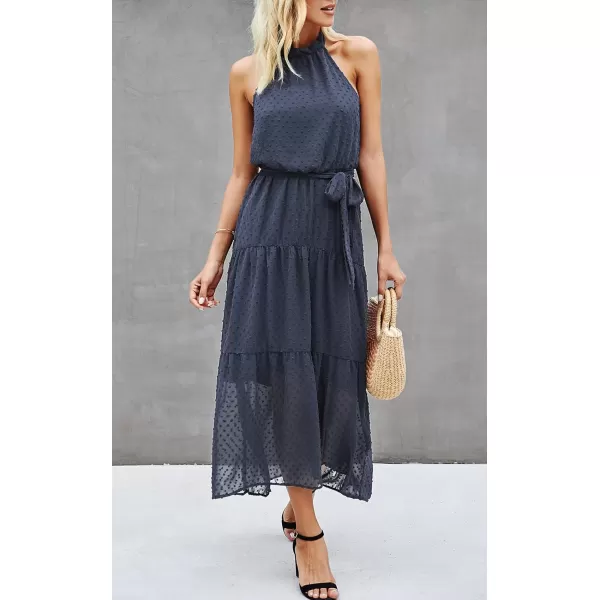 imagePRETTYGARDEN Womens Casual Halter Neck Sleeveless Floral Long Maxi Dress Backless Loose Ruffle Sundress with BeltPurple Grey