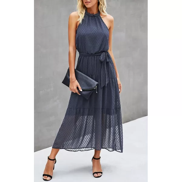 imagePRETTYGARDEN Womens Casual Halter Neck Sleeveless Floral Long Maxi Dress Backless Loose Ruffle Sundress with BeltPurple Grey