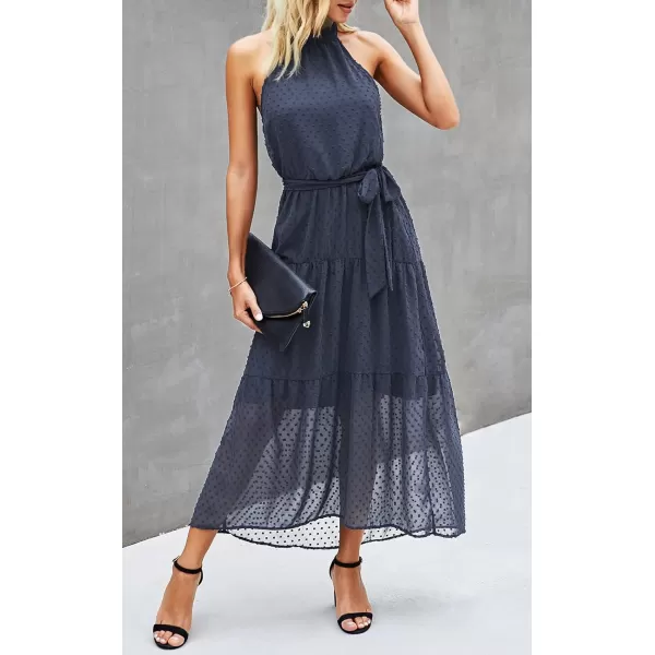 imagePRETTYGARDEN Womens Casual Halter Neck Sleeveless Floral Long Maxi Dress Backless Loose Ruffle Sundress with BeltPurple Grey