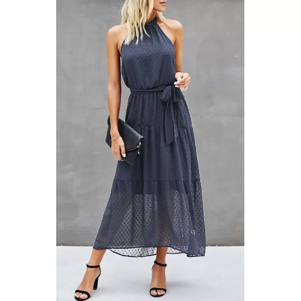 imagePRETTYGARDEN Womens Casual Halter Neck Sleeveless Floral Long Maxi Dress Backless Loose Ruffle Sundress with BeltPurple Grey