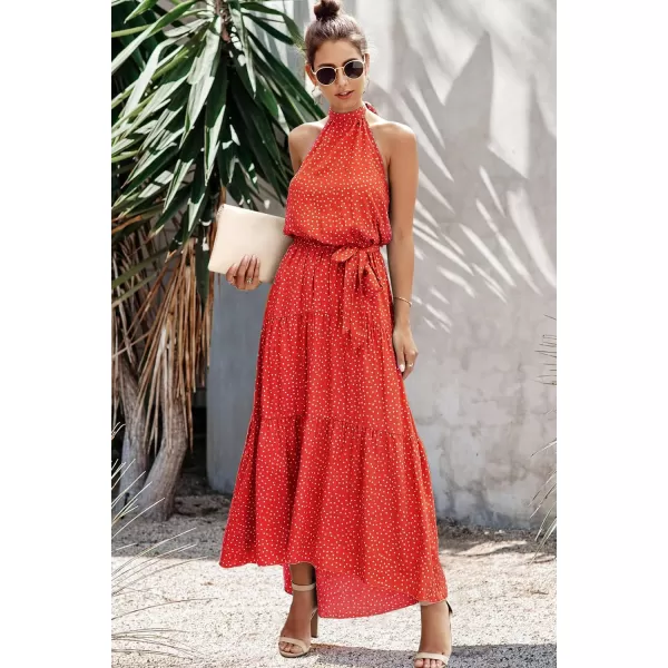 imagePRETTYGARDEN Womens Casual Halter Neck Sleeveless Floral Long Maxi Dress Backless Loose Ruffle Sundress with BeltRed
