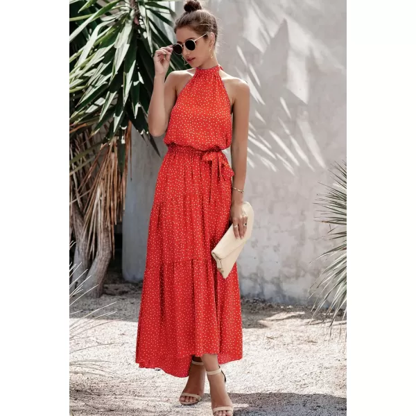imagePRETTYGARDEN Womens Casual Halter Neck Sleeveless Floral Long Maxi Dress Backless Loose Ruffle Sundress with BeltRed