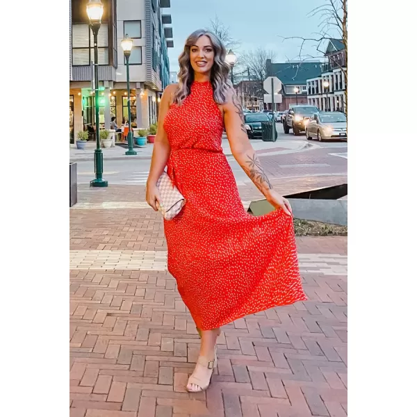 imagePRETTYGARDEN Womens Casual Halter Neck Sleeveless Floral Long Maxi Dress Backless Loose Ruffle Sundress with BeltRed