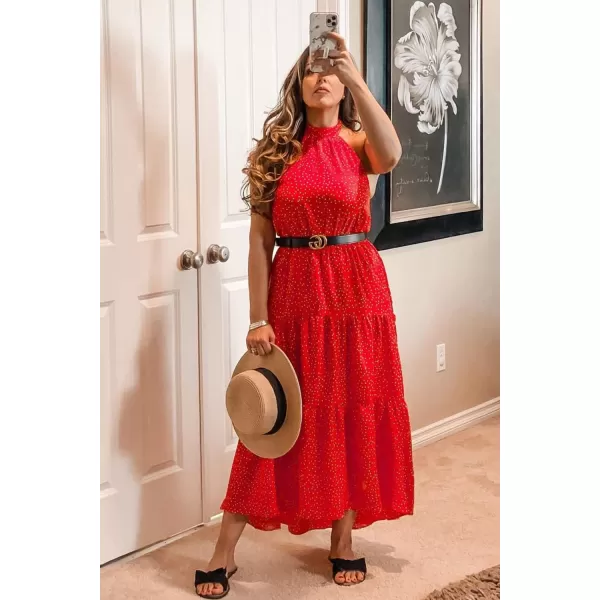 imagePRETTYGARDEN Womens Casual Halter Neck Sleeveless Floral Long Maxi Dress Backless Loose Ruffle Sundress with BeltRed