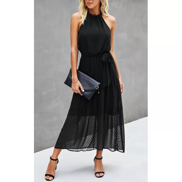 imagePRETTYGARDEN Womens Casual Halter Neck Sleeveless Floral Long Maxi Dress Backless Loose Ruffle Sundress with BeltSolid Black