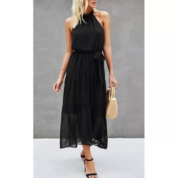 imagePRETTYGARDEN Womens Casual Halter Neck Sleeveless Floral Long Maxi Dress Backless Loose Ruffle Sundress with BeltSolid Black