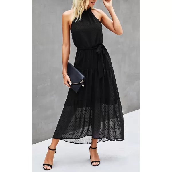 imagePRETTYGARDEN Womens Casual Halter Neck Sleeveless Floral Long Maxi Dress Backless Loose Ruffle Sundress with BeltSolid Black