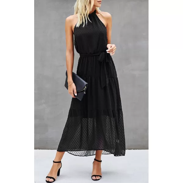 imagePRETTYGARDEN Womens Casual Halter Neck Sleeveless Floral Long Maxi Dress Backless Loose Ruffle Sundress with BeltSolid Black