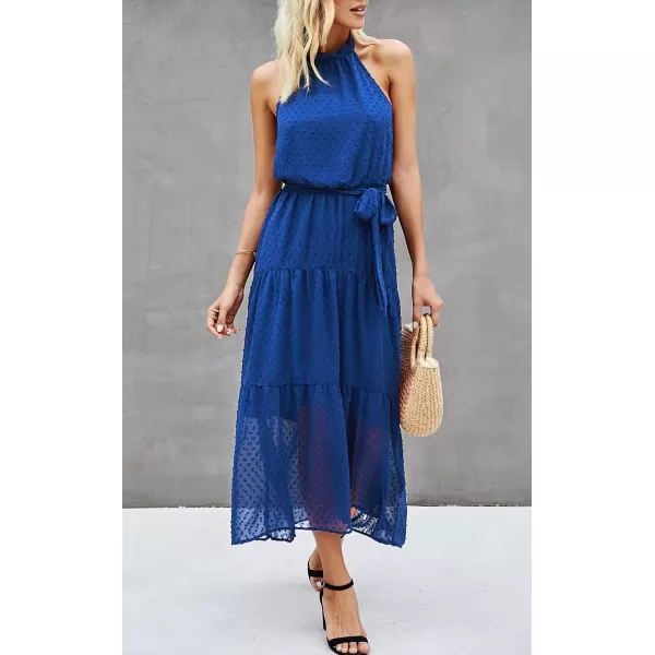 imagePRETTYGARDEN Womens Casual Halter Neck Sleeveless Floral Long Maxi Dress Backless Loose Ruffle Sundress with BeltSolid Blue