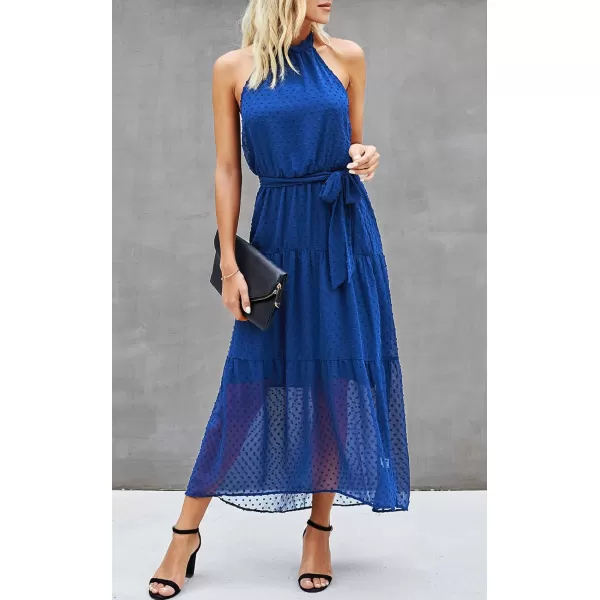 imagePRETTYGARDEN Womens Casual Halter Neck Sleeveless Floral Long Maxi Dress Backless Loose Ruffle Sundress with BeltSolid Blue